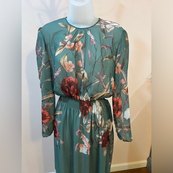 Beautiful floral long sleeve green dress /size S - Picture 6 of 8